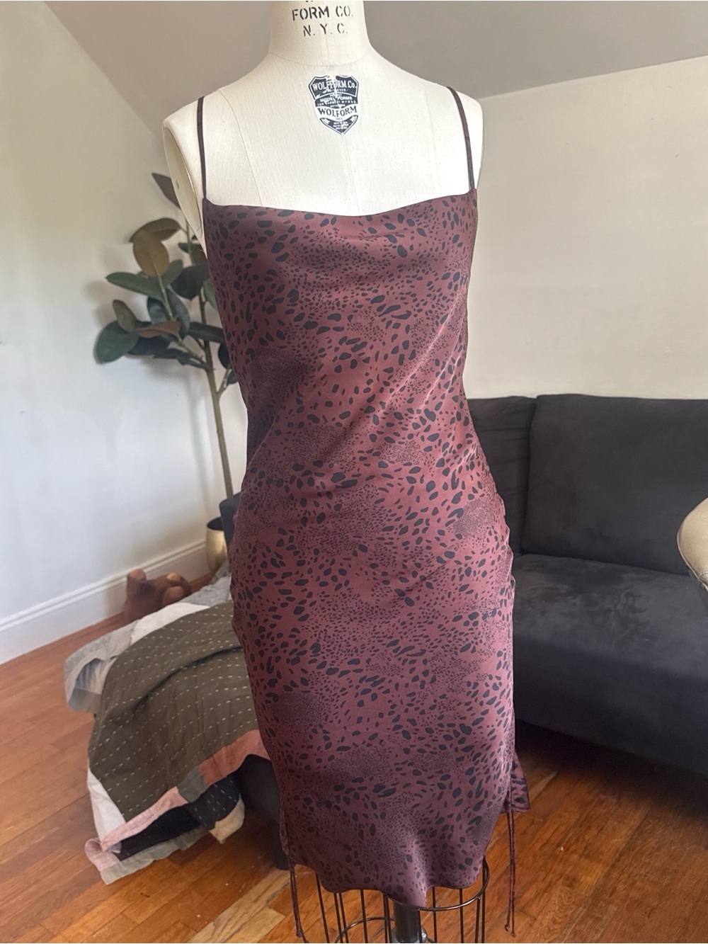 Wilfred Burgundy Slip Midi Dress with Black Animal Print